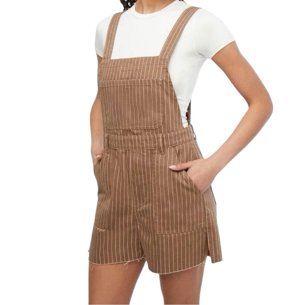 WEWOREWHAT Slit Overall Shorts Romper Pinstripe Brown Raw Hem Size S NWT